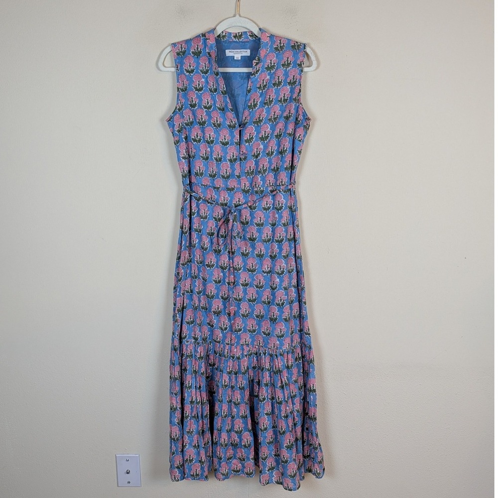 Emerson Fry India Collection Dress XS Blue Pink Floral Cotton Midi Tiered Print